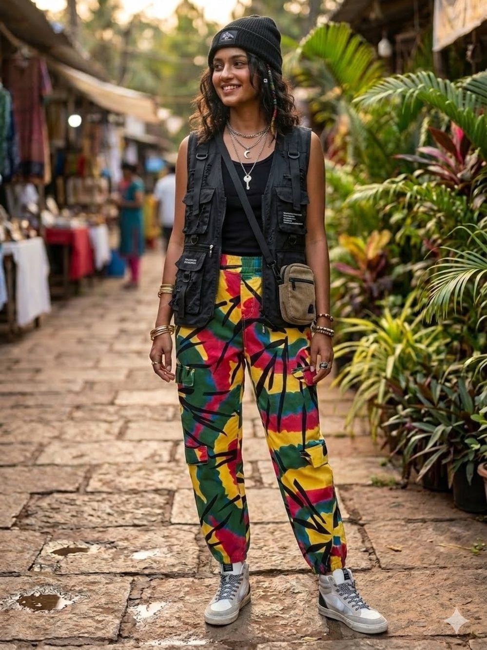 Women's Vibrant Palm-Print Cargo Joggers - Yellow Multi